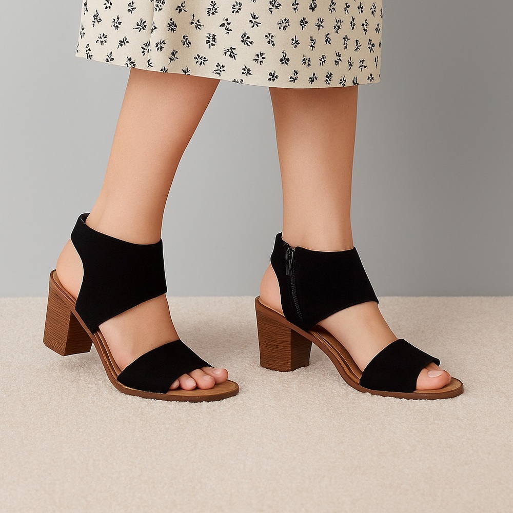 Toms Black Sandals with Brown Heel